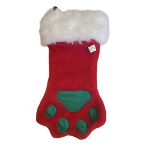 Plush Puppies Pet Dog Holiday Stocking Red Green Velour Type Faux Fur Paw Shape